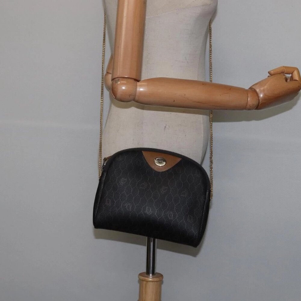 Christian Dior Honeycomb Canvas Chain Shoulder Bag PVC Black Gold Auth